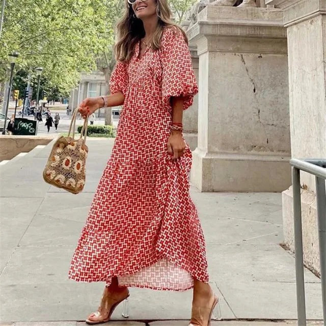 Lange Jurk Met Print En Ballonmouwen – Moeiteloze Elegantie Met Een Vleugje Boho