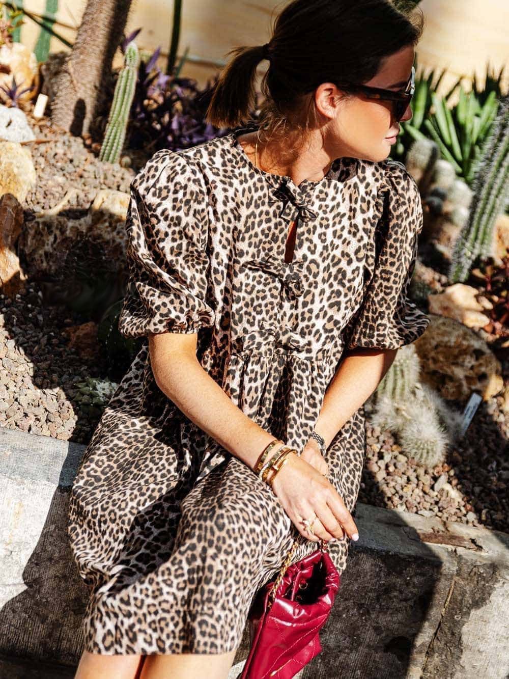 Dames Panterprint Jurk Met Pofmouwen En Strikdetails – Lente, Zomer En Vroege Herfst