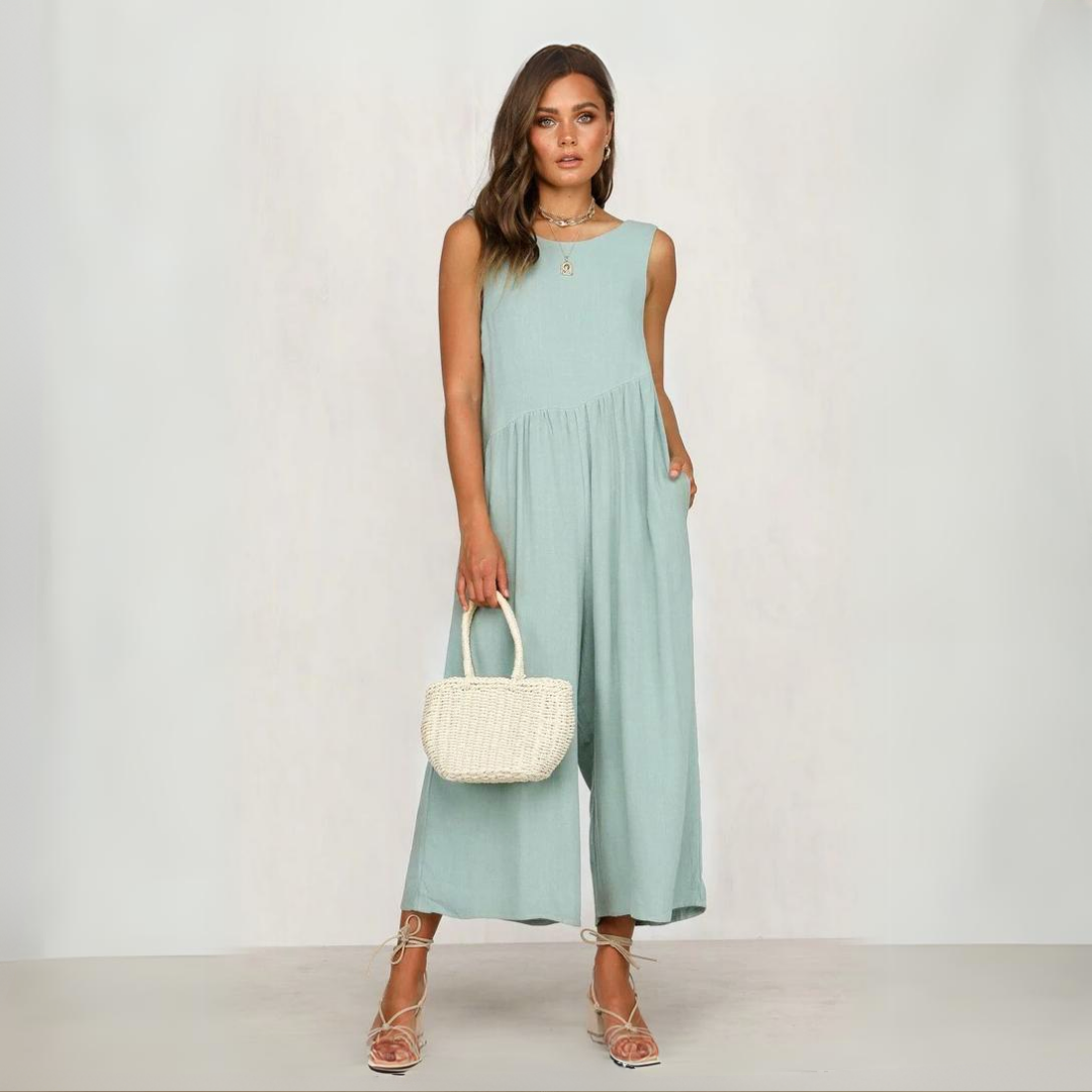 Mouwloze Midi Jumpsuit Met Wijde Pijpen En Zakken – Luchtig En Stijlvol Zomerstuk