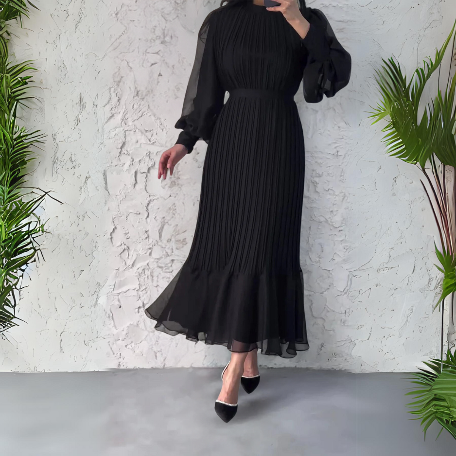 Elegante Plisséjurk Met Hoge Hals – Stijlvolle Lange Mouwen En Verfijnde Midi-Lengte