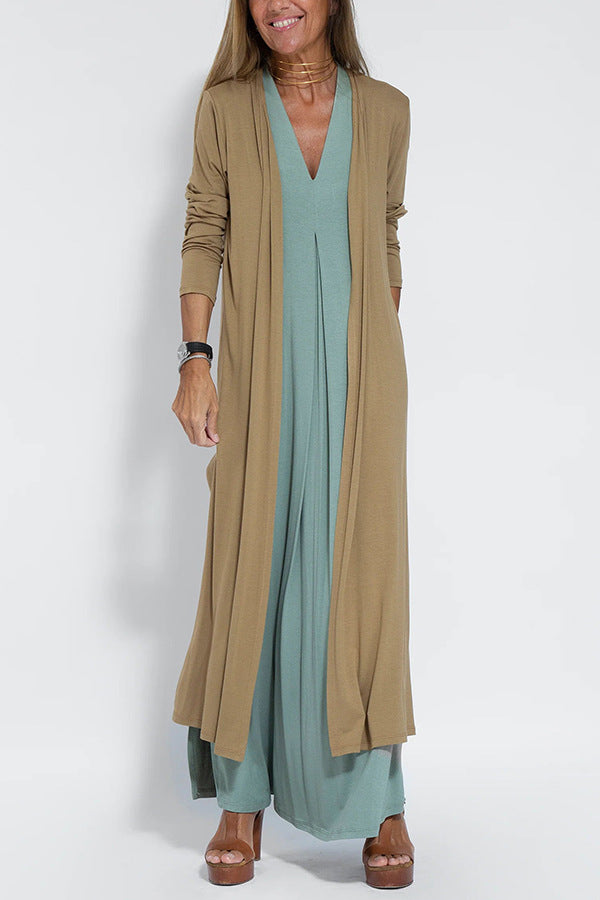 Lange Damescardigan Met Mouwen En Maxi Jumpsuit – Stijlvolle Co-Ord Set Met Elegante Flair