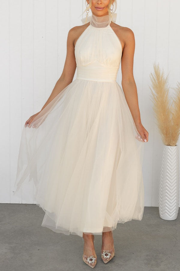 Tule Halterjurk Met Hoge Hals En Zwierige Rok – Etherisch En Elegant