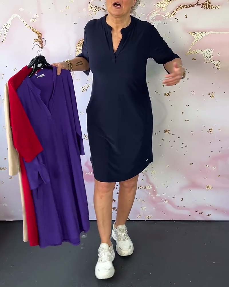 Comfortabele Dames Jurk Met Opstaande Kraag En 3/4 Mouwen – Perfect Voor Elke Dag In Lente, Zomer En Herfst