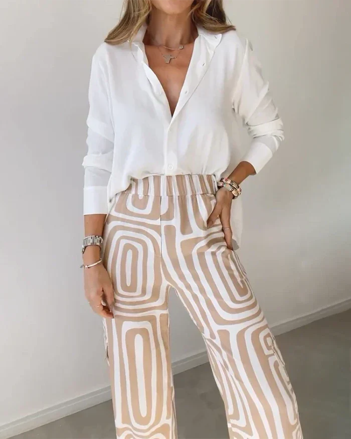 Elegante Dames Set Met Grafische Broek En Blouse – Stijlvol En Comfortabel Statement