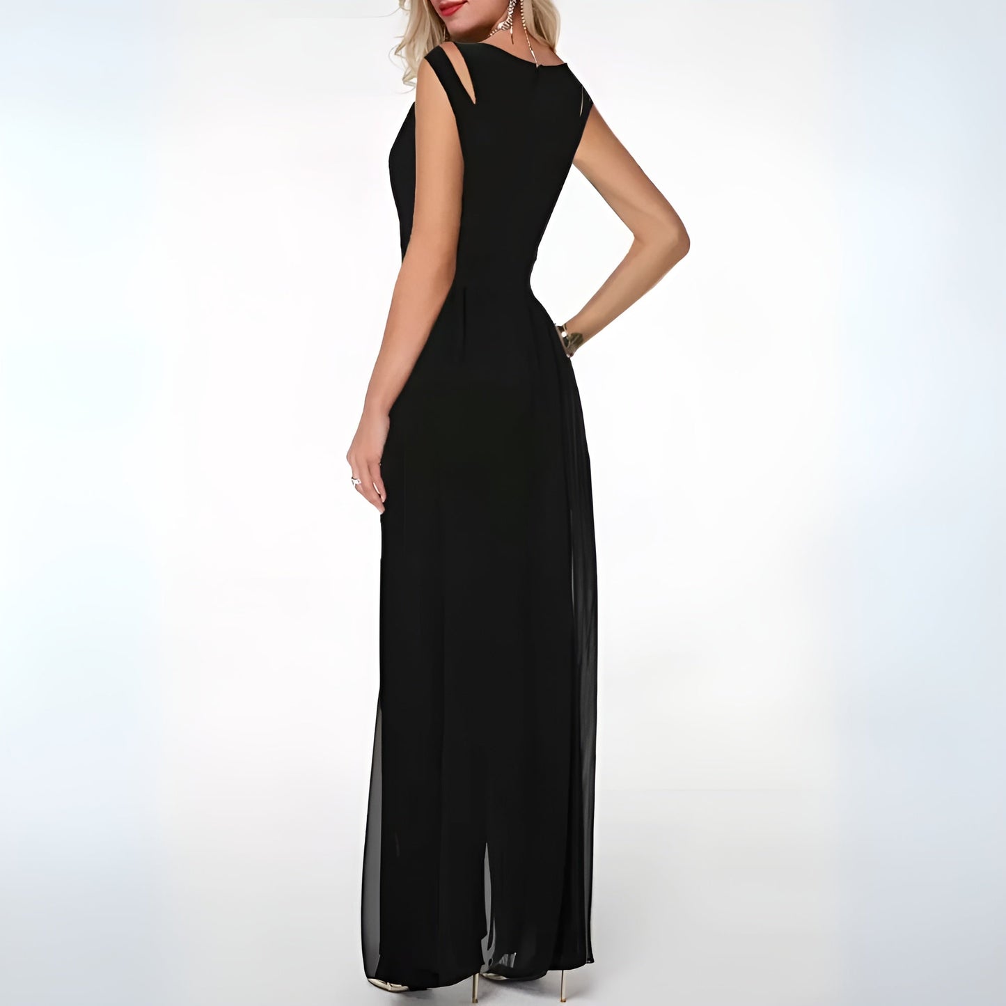 Chique Mouwloze Damesjurk Met Split En Transparante Laag – Elegantie Voor Elke Avond