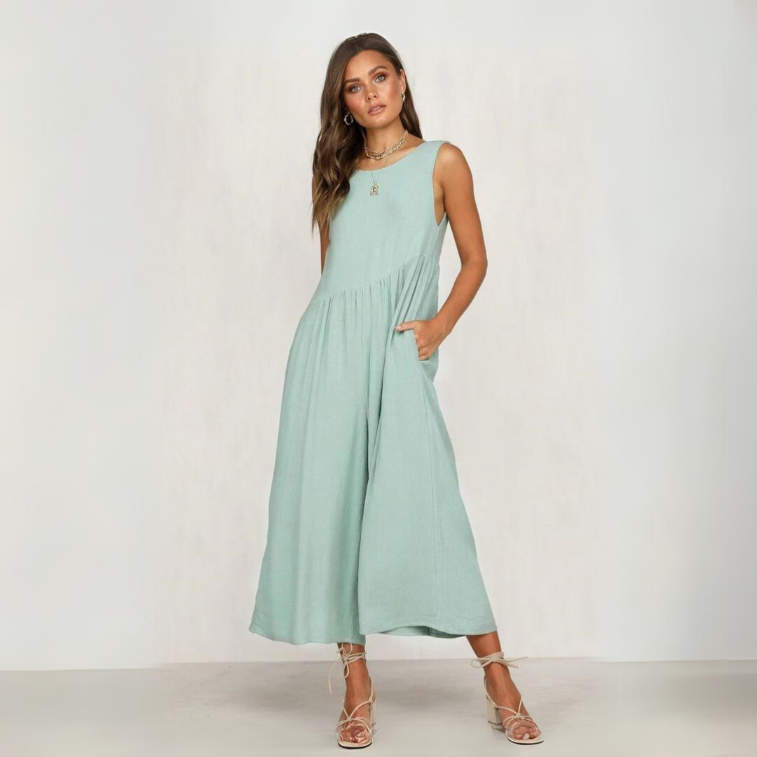 Mouwloze Midi Jumpsuit Met Wijde Pijpen En Zakken – Luchtig En Stijlvol Zomerstuk
