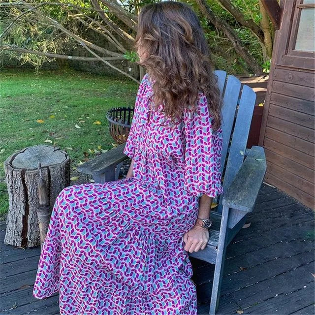 Lange Jurk Met Print En Ballonmouwen – Moeiteloze Elegantie Met Een Vleugje Boho