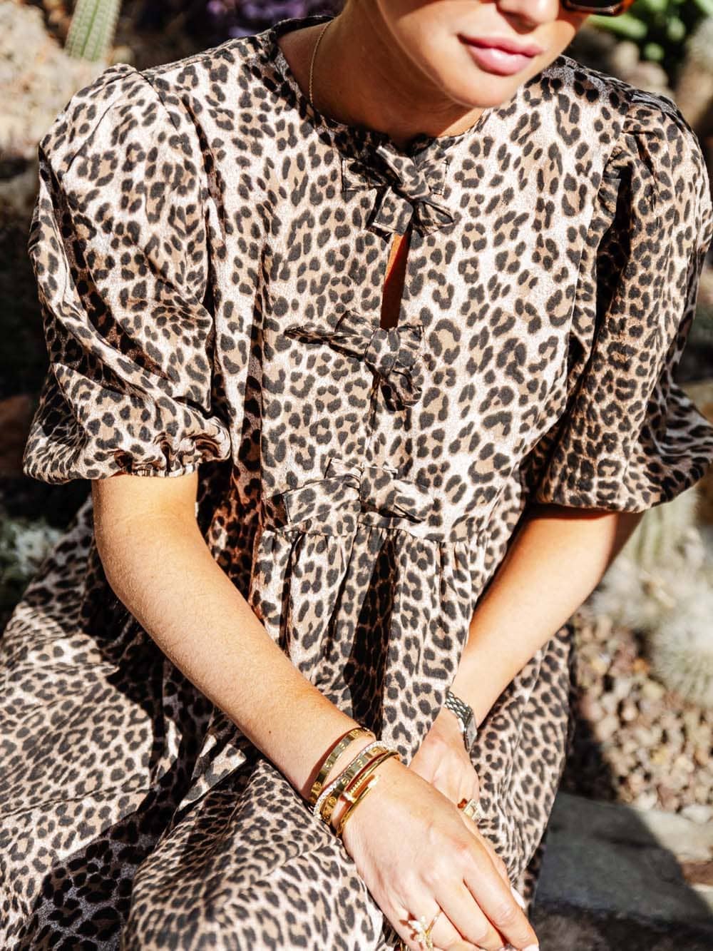 Dames Panterprint Jurk Met Pofmouwen En Strikdetails – Lente, Zomer En Vroege Herfst