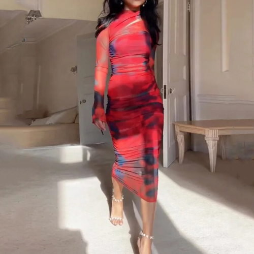 Mesh Damesjurk Met Lange Mouwen En Bodycon Fit – Artistieke Print In Midi-Lengte