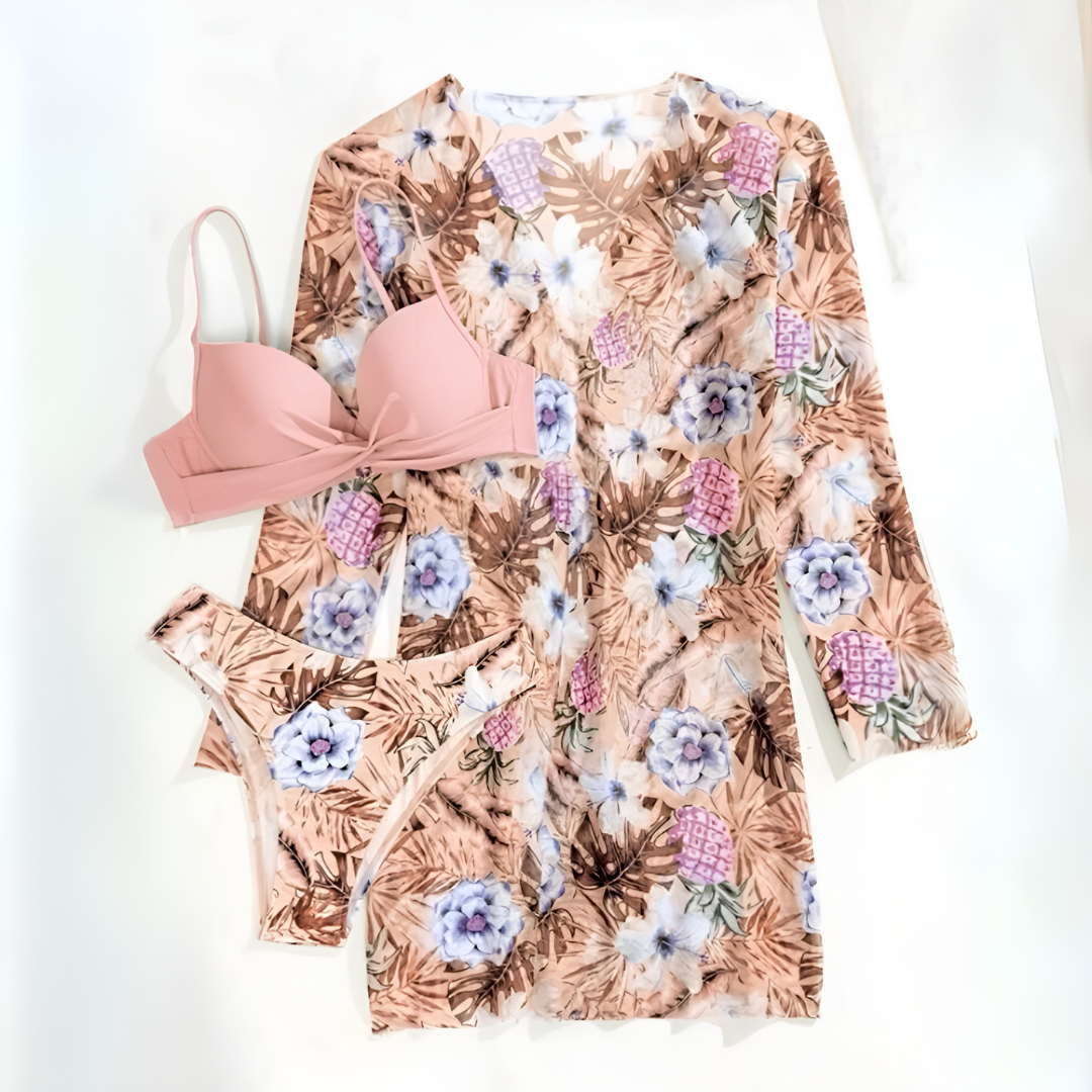 3-Delige Bikini Set Met Bloemenprint En Bijpassende Kimono – Stijlvolle Strandlook