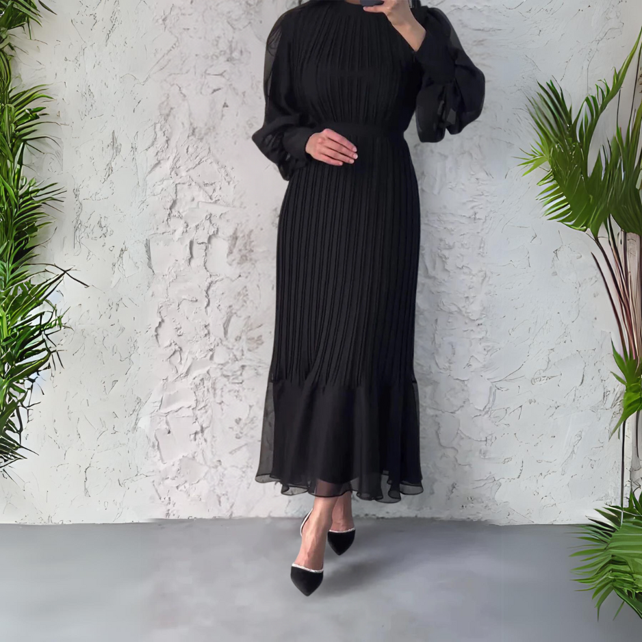 Elegante Plisséjurk Met Hoge Hals – Stijlvolle Lange Mouwen En Verfijnde Midi-Lengte