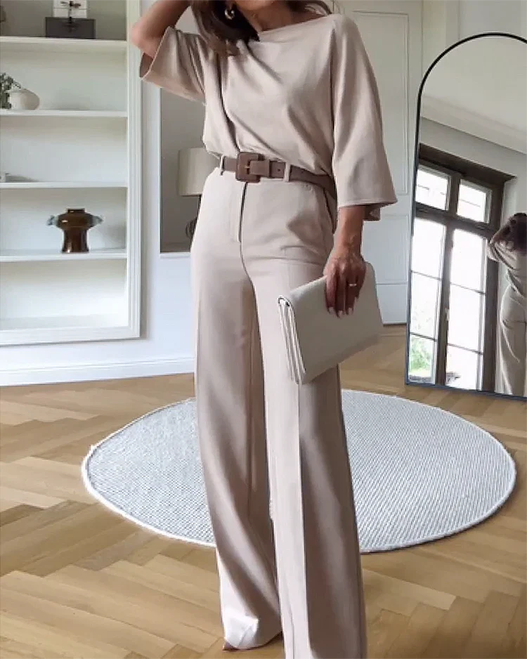 Dames Pantalon Set Met Wijde Broek En Top Met Halflange Mouwen – Ideaal Voor Lente, Zomer En Herfst