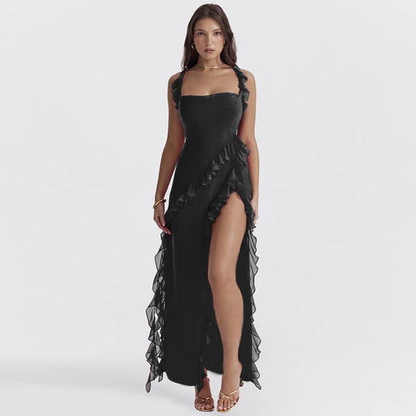 Lange Damesjurk Met Hoge Split En Ruches – Verleidelijke Avondjurk Met Elegante Details