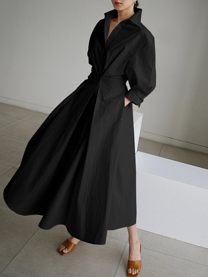 Stijlvolle Maxi Jurk Voor Dames – Effen Kleur, Praktische Zakken & Elegante Revers Met Knopen Voor Een Tijdloze Look Op Elke Gelegenheid.