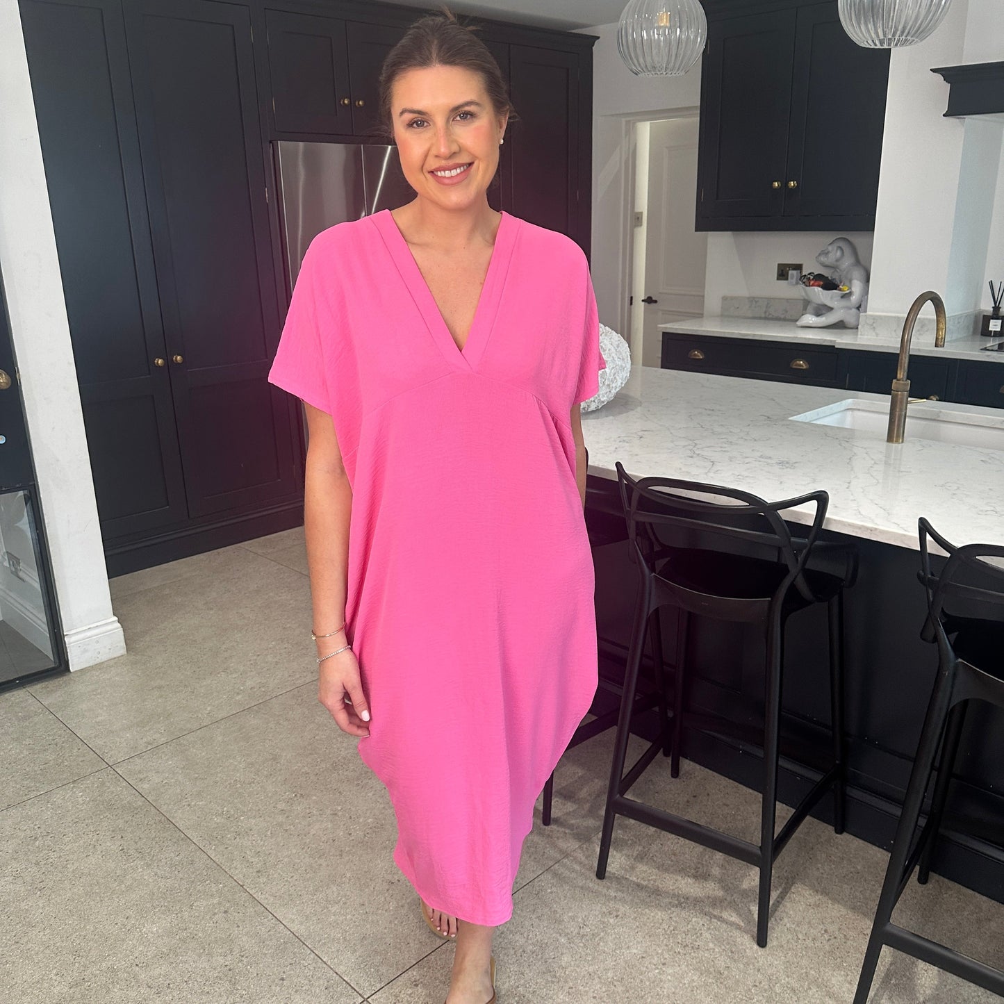 Dames Losvallende Midi-Jurk Met V-Hals En Korte Mouwen – Lente, Zomer En Casual Momenten