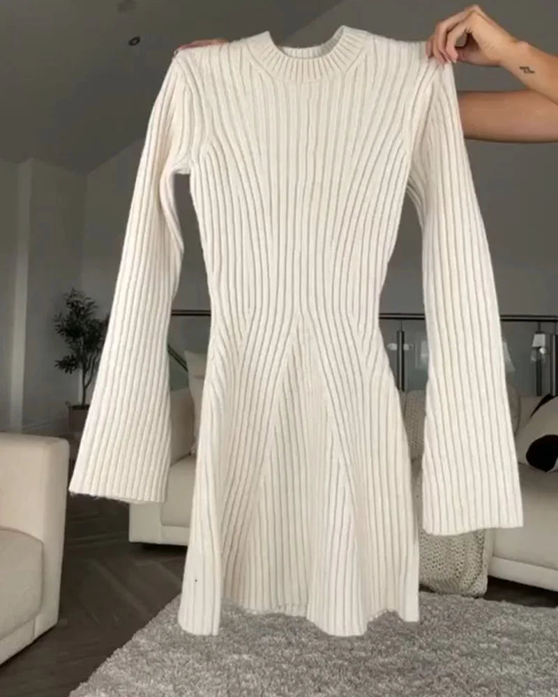 Gebreide Damesjurk Met Col En Lange Mouwen – Korte Knit Dress Met Elegante Fit