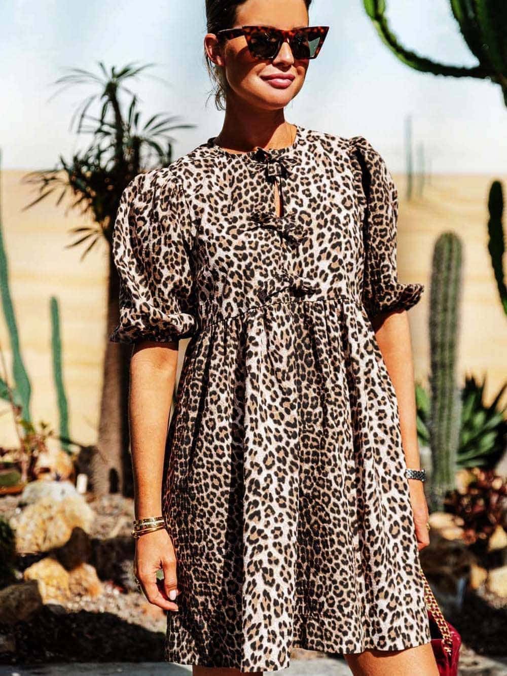 Dames Panterprint Jurk Met Pofmouwen En Strikdetails – Lente, Zomer En Vroege Herfst