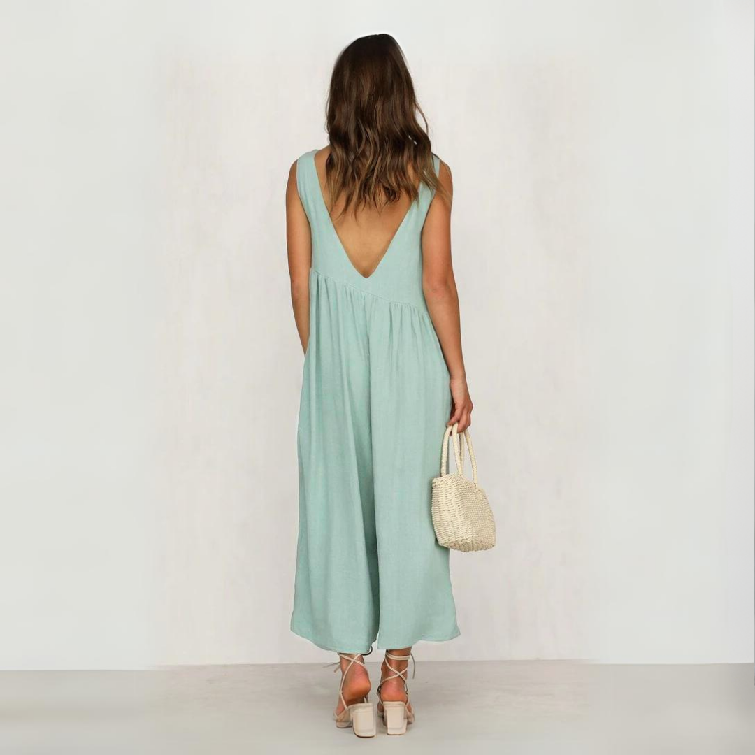 Mouwloze Midi Jumpsuit Met Wijde Pijpen En Zakken – Luchtig En Stijlvol Zomerstuk