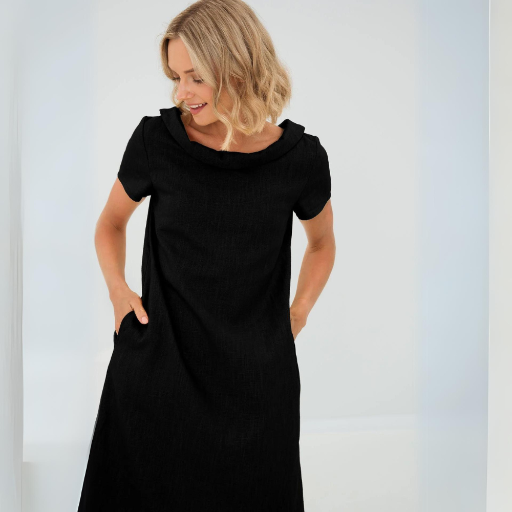 Dames Linnenlook Jurk Met Korte Mouwen En Brede Kraag – Lente, Zomer