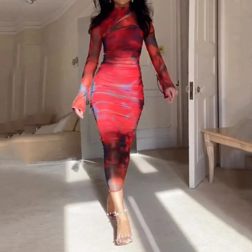 Mesh Damesjurk Met Lange Mouwen En Bodycon Fit – Artistieke Print In Midi-Lengte