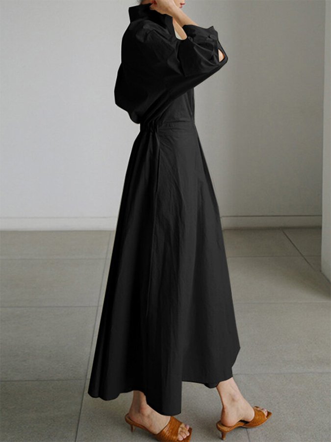Stijlvolle Maxi Jurk Voor Dames – Effen Kleur, Praktische Zakken & Elegante Revers Met Knopen Voor Een Tijdloze Look Op Elke Gelegenheid.