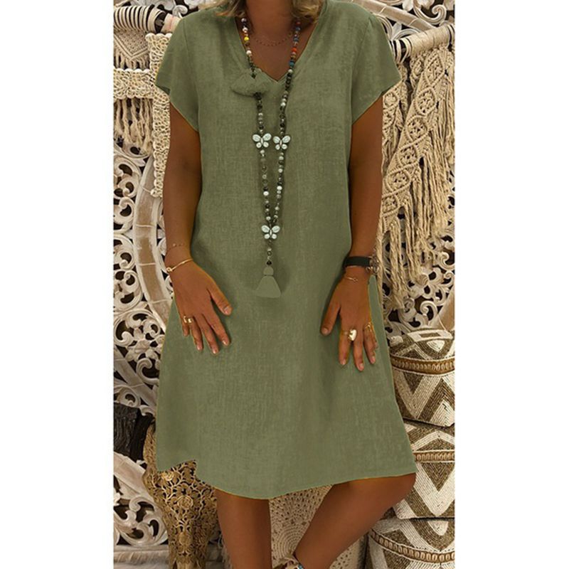Luchtige Linnen-Look Jurk Met V-Hals – Casual En Moeiteloos Stijlvol
