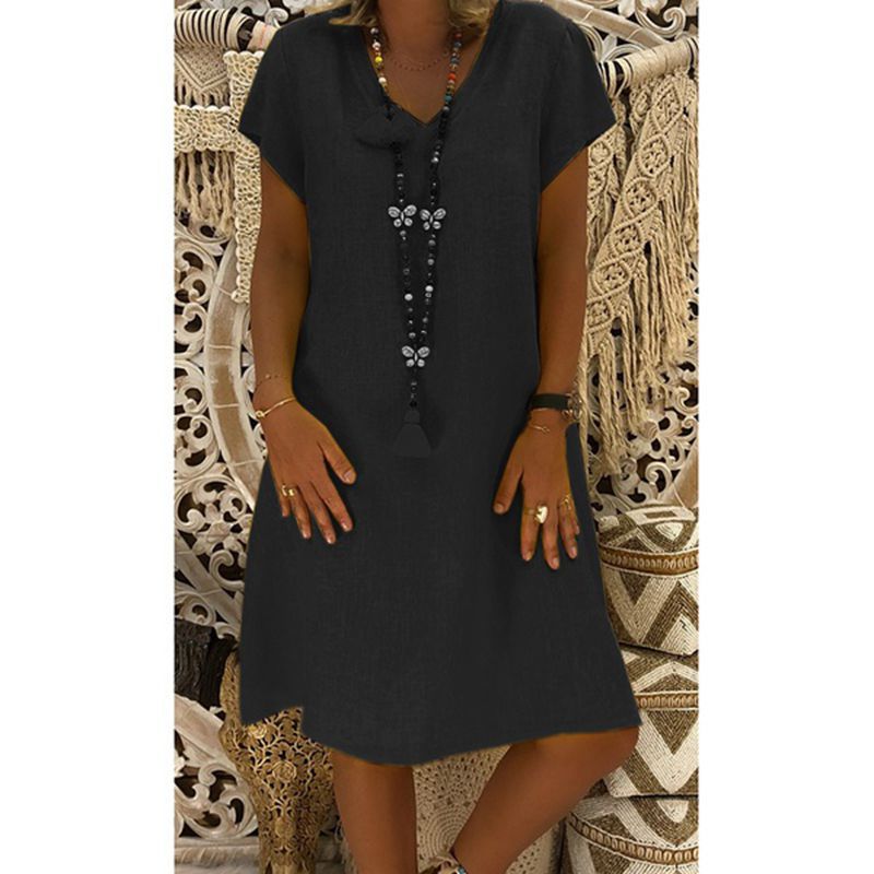 Luchtige Linnen-Look Jurk Met V-Hals – Casual En Moeiteloos Stijlvol
