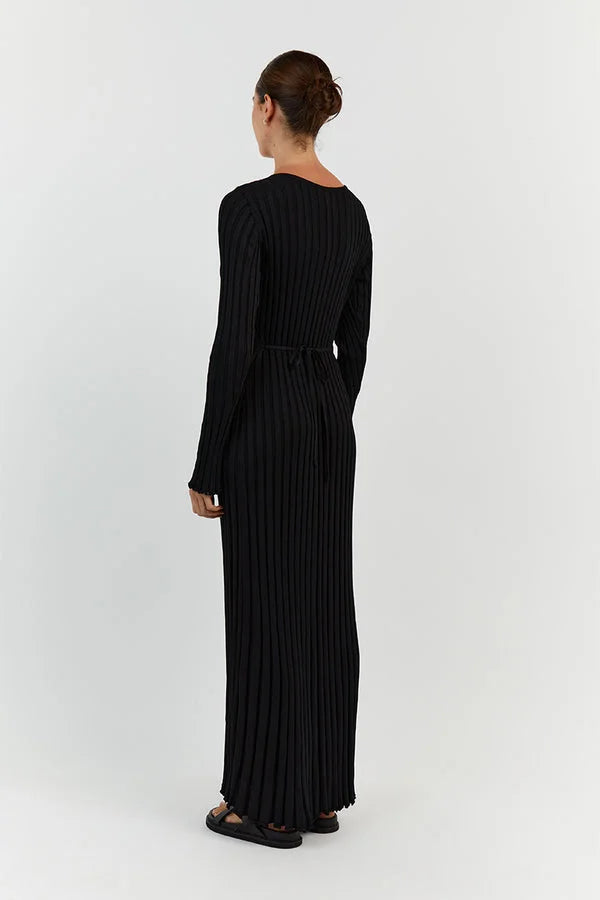 Dames Ribgebreide Maxi-Jurk Met V-Hals En Lange Mouwen – Voorjaar, Zomer En Herfst