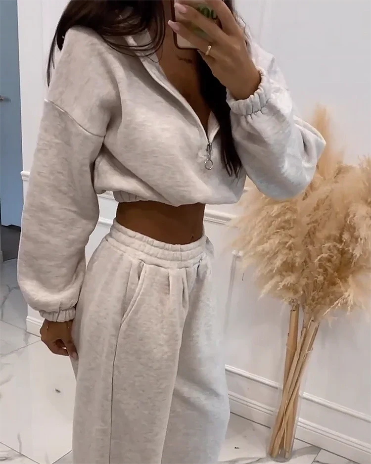 Dames Lounge Set Met Cropped Zip-Sweater En Wijde Broek – Herfst, Winter En Voorjaar
