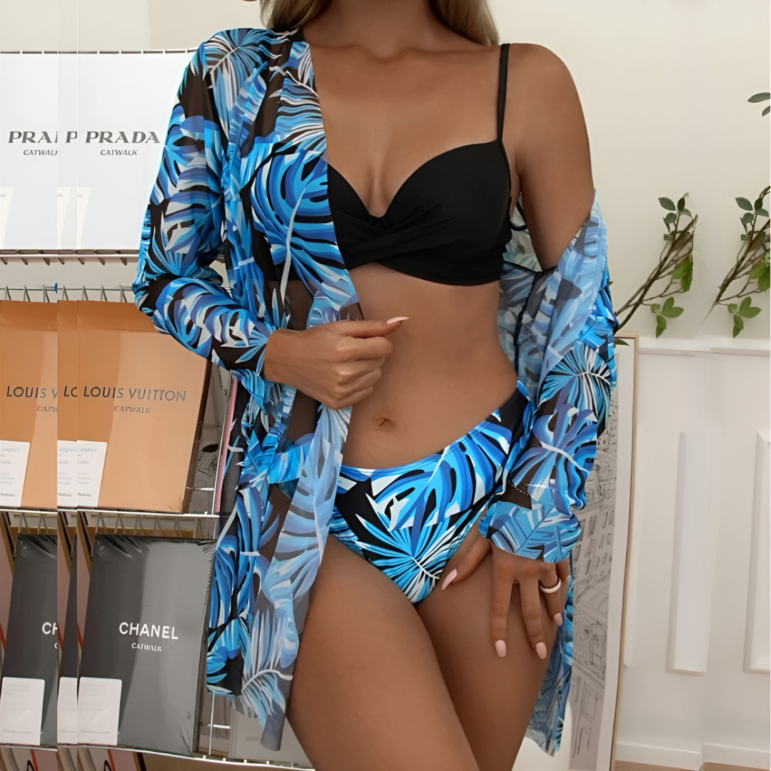 3-Delige Bikini Set Met Bloemenprint En Bijpassende Kimono – Stijlvolle Strandlook