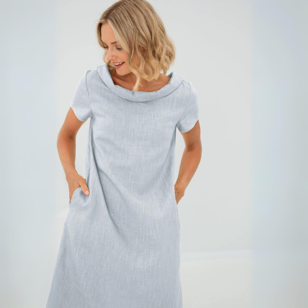 Dames Linnenlook Jurk Met Korte Mouwen En Brede Kraag – Lente, Zomer