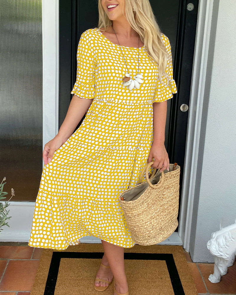 Dames Midi-Jurk Met Stippenprint En Ruches – Lente, Zomer En Vroege Herfst