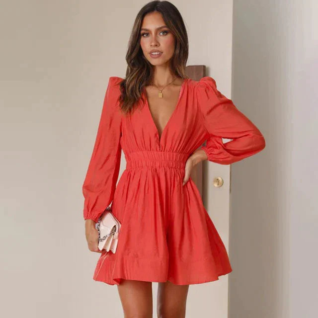 Korte Damesjurk Met V-Hals En Lange Mouwen – Luchtige A-Lijn Dress Met Taille-Accent