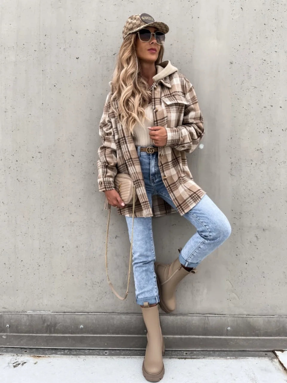 Geruite Jas Met Capuchon En Knoopsluiting – Casual Dames Tussenjas Voor Herfst & Lente