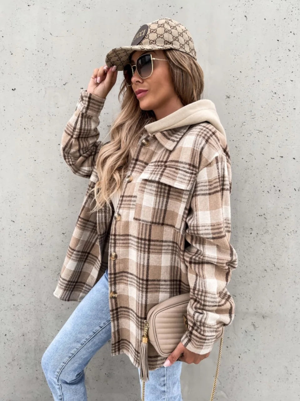 Geruite Jas Met Capuchon En Knoopsluiting – Casual Dames Tussenjas Voor Herfst & Lente