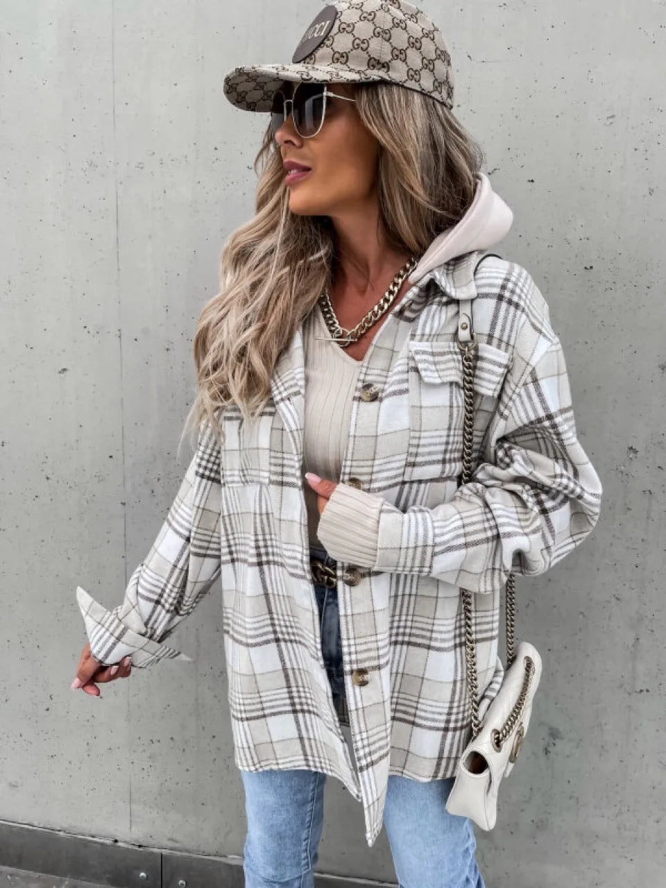 Geruite Jas Met Capuchon En Knoopsluiting – Casual Dames Tussenjas Voor Herfst & Lente