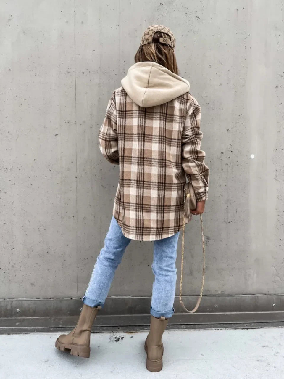 Geruite Jas Met Capuchon En Knoopsluiting – Casual Dames Tussenjas Voor Herfst & Lente