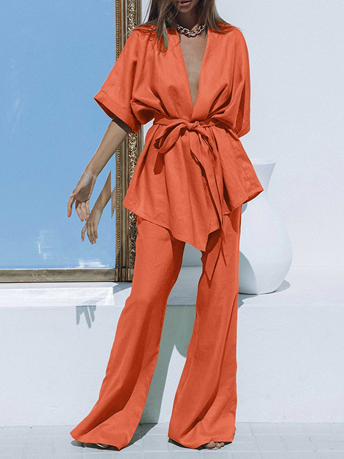 Luxe Oversized Linnen Tied Twee Delige Broek Set Voor Modebewuste Vrouwen – Ademend Materialen, Tijdloze Kleur & Elegante Comfort voor Elke Gelegenheid.