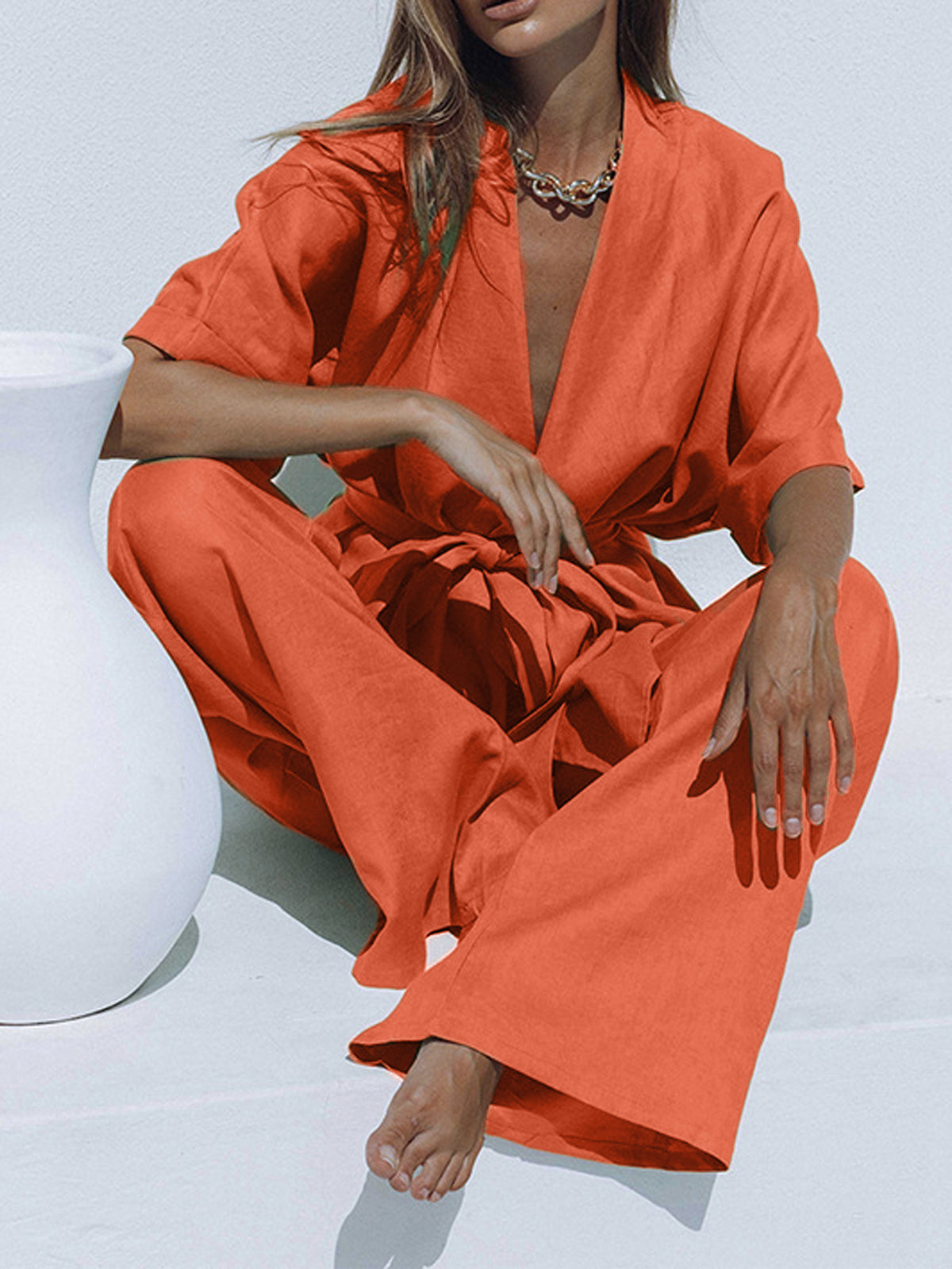 Luxe Oversized Linnen Tied Twee Delige Broek Set Voor Modebewuste Vrouwen – Ademend Materialen, Tijdloze Kleur & Elegante Comfort voor Elke Gelegenheid.