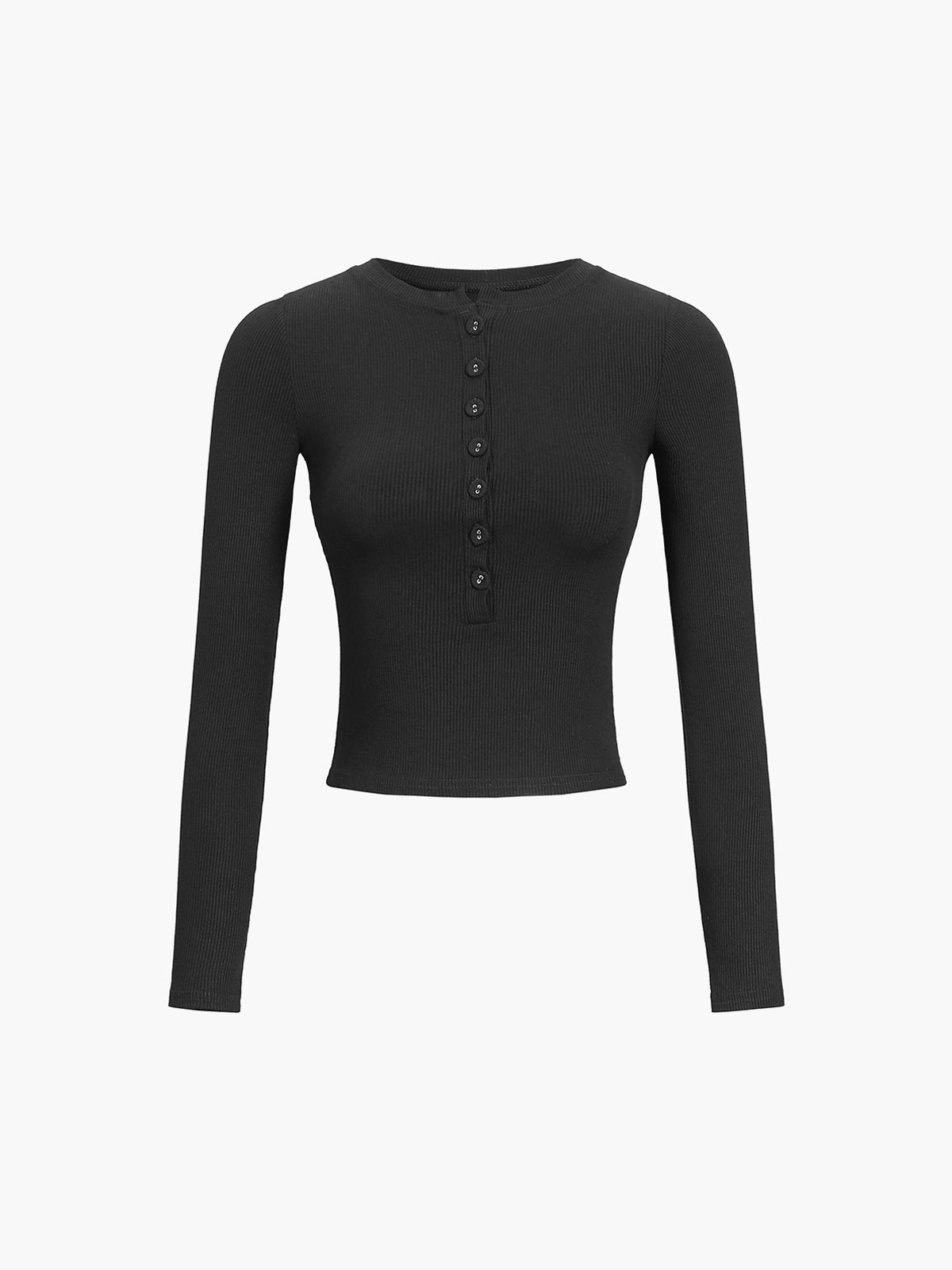 Aansluitende Dames Longsleeve Top – Ribstructuur, Knoopsluiting & Stretch Pasvorm