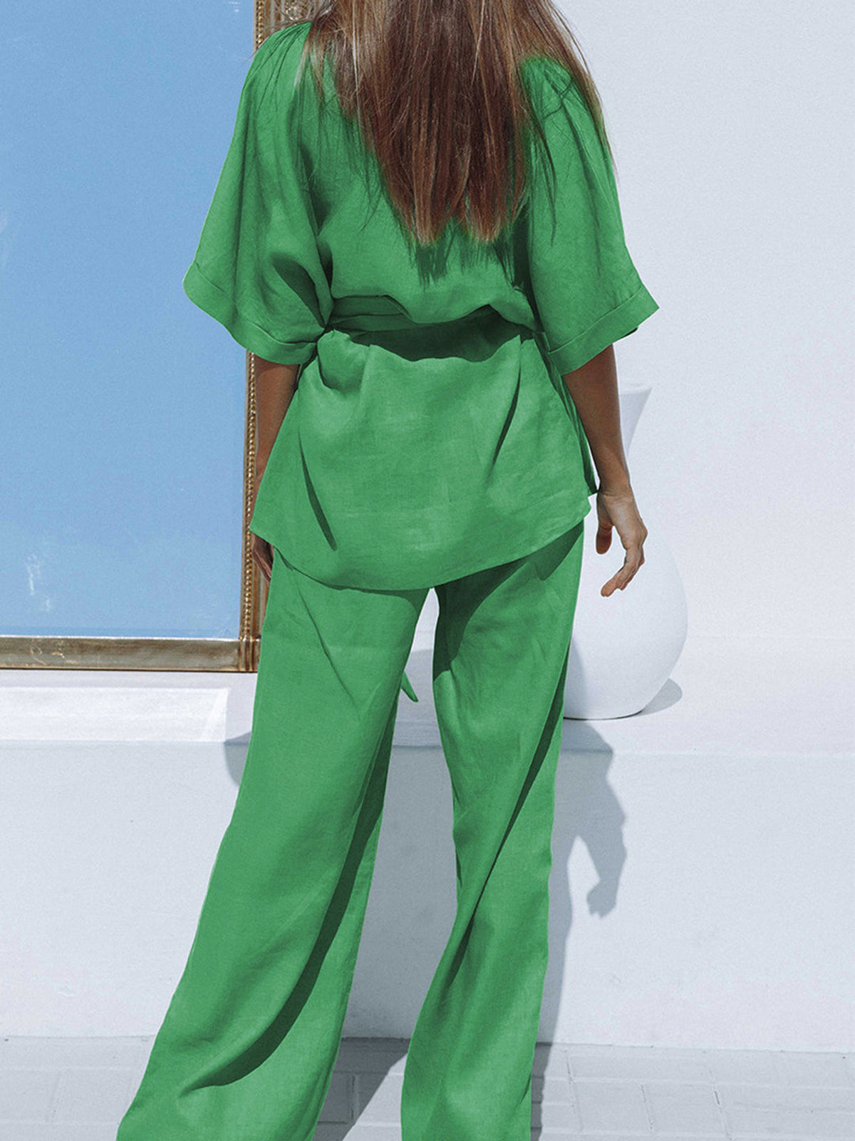 Luxe Oversized Linnen Tied Twee Delige Broek Set Voor Modebewuste Vrouwen – Ademend Materialen, Tijdloze Kleur & Elegante Comfort voor Elke Gelegenheid.