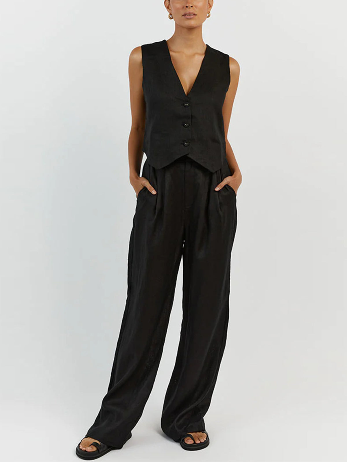Linnenlook Set Voor Dames – Mouwloos Gilet, Wijde Broek & Zomerse Pasvorm