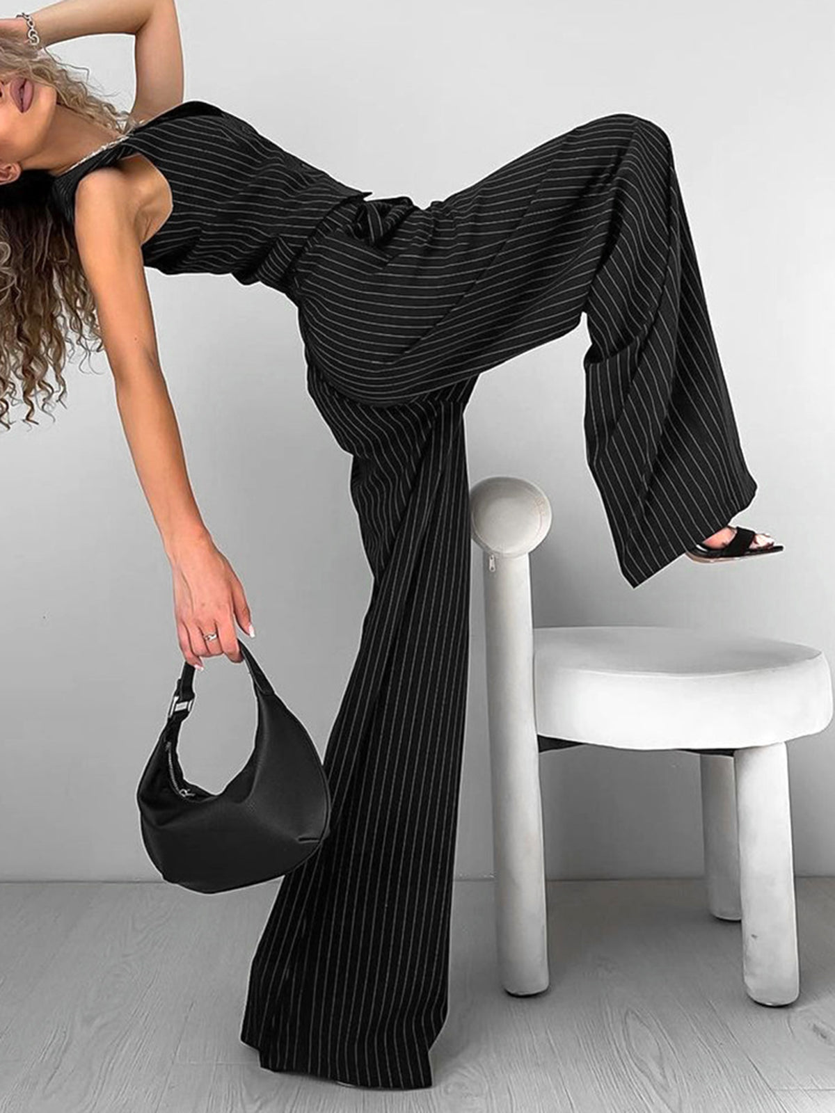 Gestreepte Dames Set – Mouwloos Gilet, Wijde Pantalon & Zakelijke Look Voor Zomer