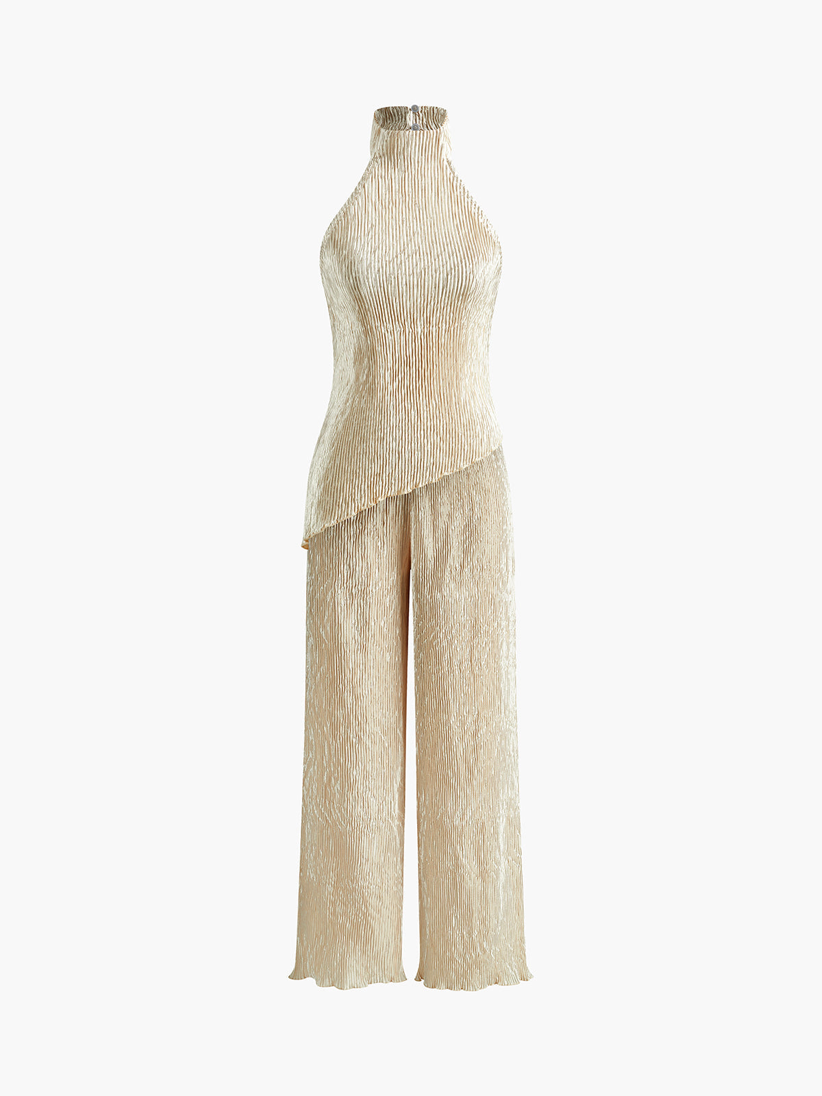 Asymmetrische Halter Crop Top En Brede Pantalon Set Voor Modieuze Vrouwen – Luxe Stof, Trendy Ontwerp & Perfect Voor Zomerse Avonden.