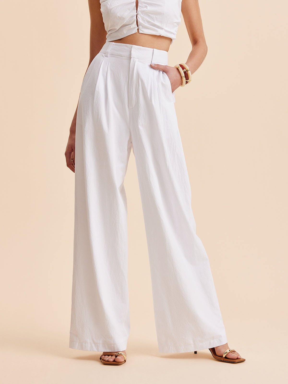 Stijlvolle Katoenen Mid-Waist Wijde Pantalon Voor Modebewuste Vrouwen – Met Ruime Zakken, Comfortabele Pasvorm & Ideaal Voor Casual En Chic Gelegenheden.