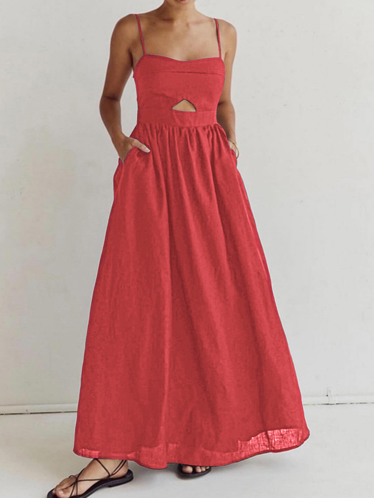 Stijlvolle Mouwloze Katoenen Jurk Voor Modebewuste Dames – Elegante Uitsnijdingen, Handige Zakjes & Ademend Comfort Voor Elke Zomerse Gelegenheid.