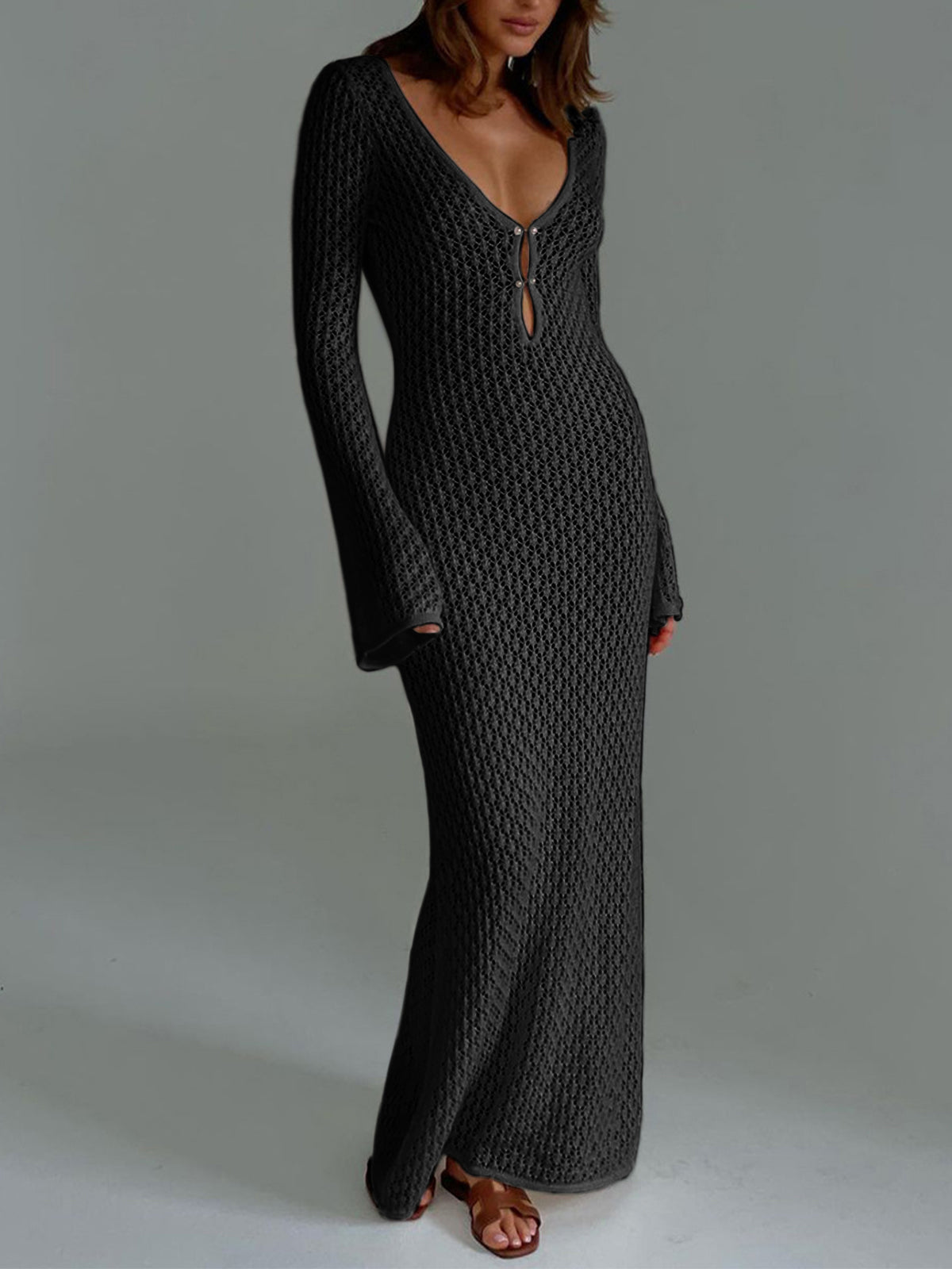 Stijlvolle Lange Mouw Open Rug Jurk Voor Dames – Ademende Stof, Elegante Snit & Perfect Voor Zomerse Avonden Met Een Vleugje Glamour.