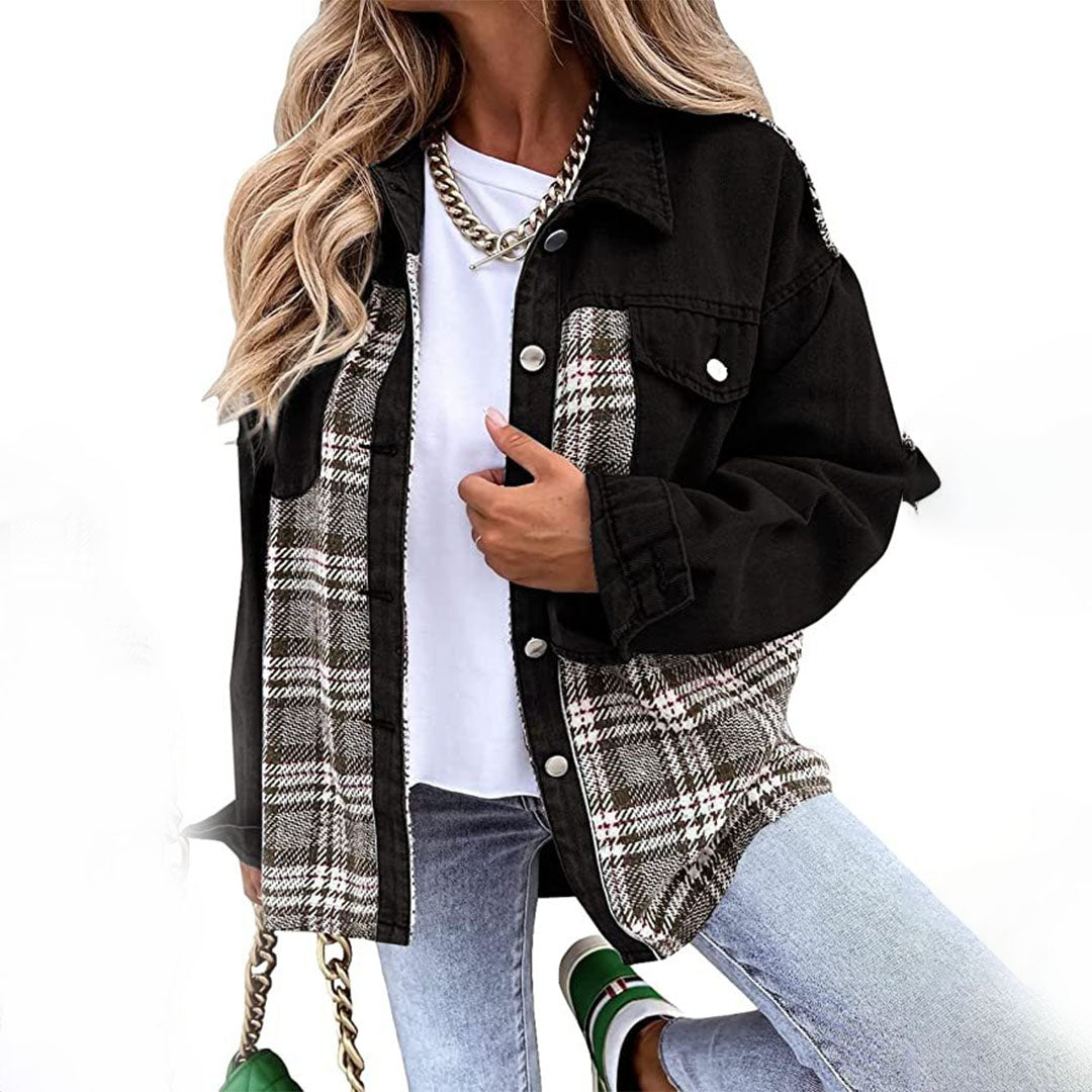 Casual Denim-Ruitjes Jas Met Knoopsluiting – Oversized Unisex Tussenjas Voor Elk Seizoen