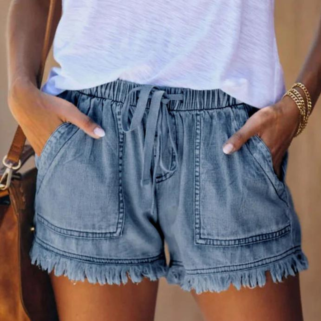 Korte Broek Voor Dames – Denimlook, Stretchband & Rucherand Voor Zomer