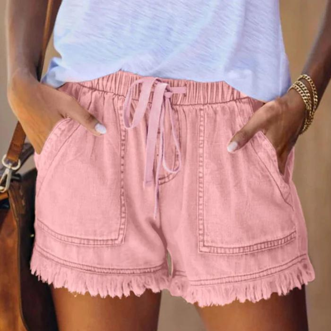 Korte Broek Voor Dames – Denimlook, Stretchband & Rucherand Voor Zomer